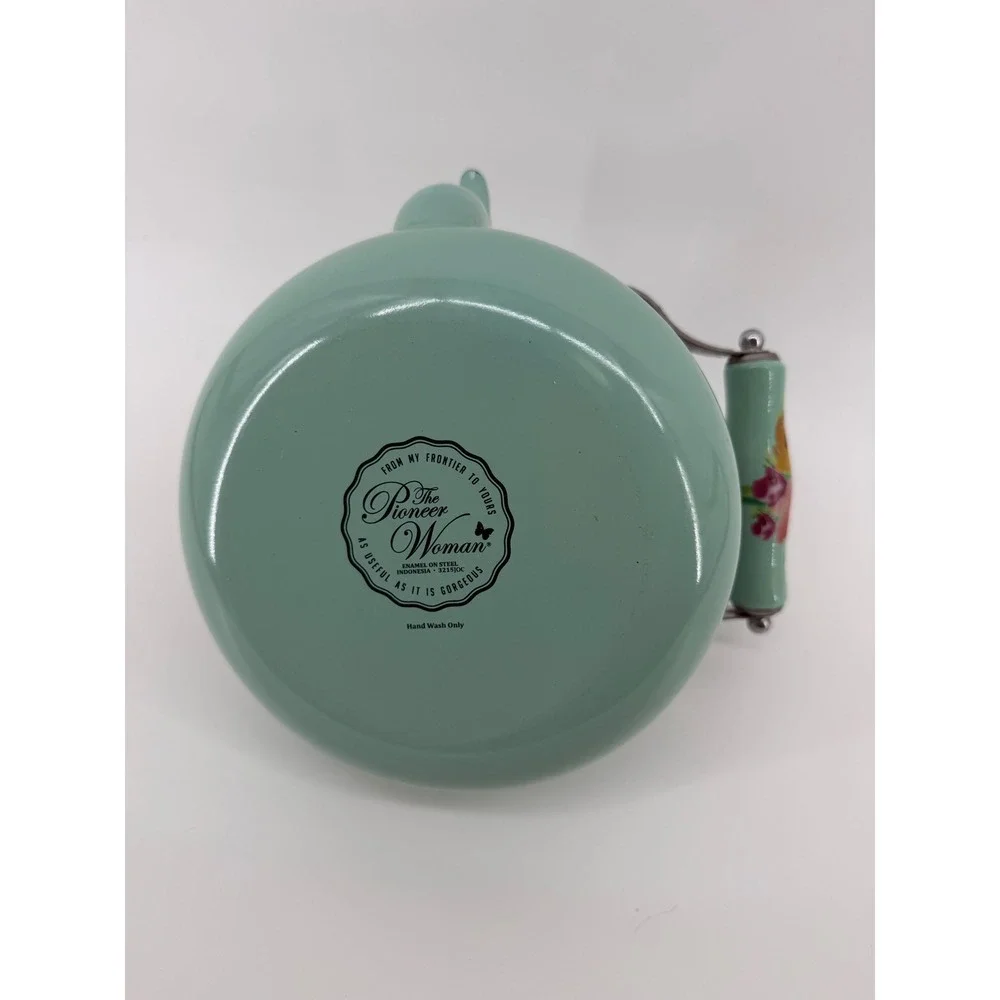 The Pioneer Woman Breezy Blossom Enamel on Steel Tea Kettle Mint Green Floral